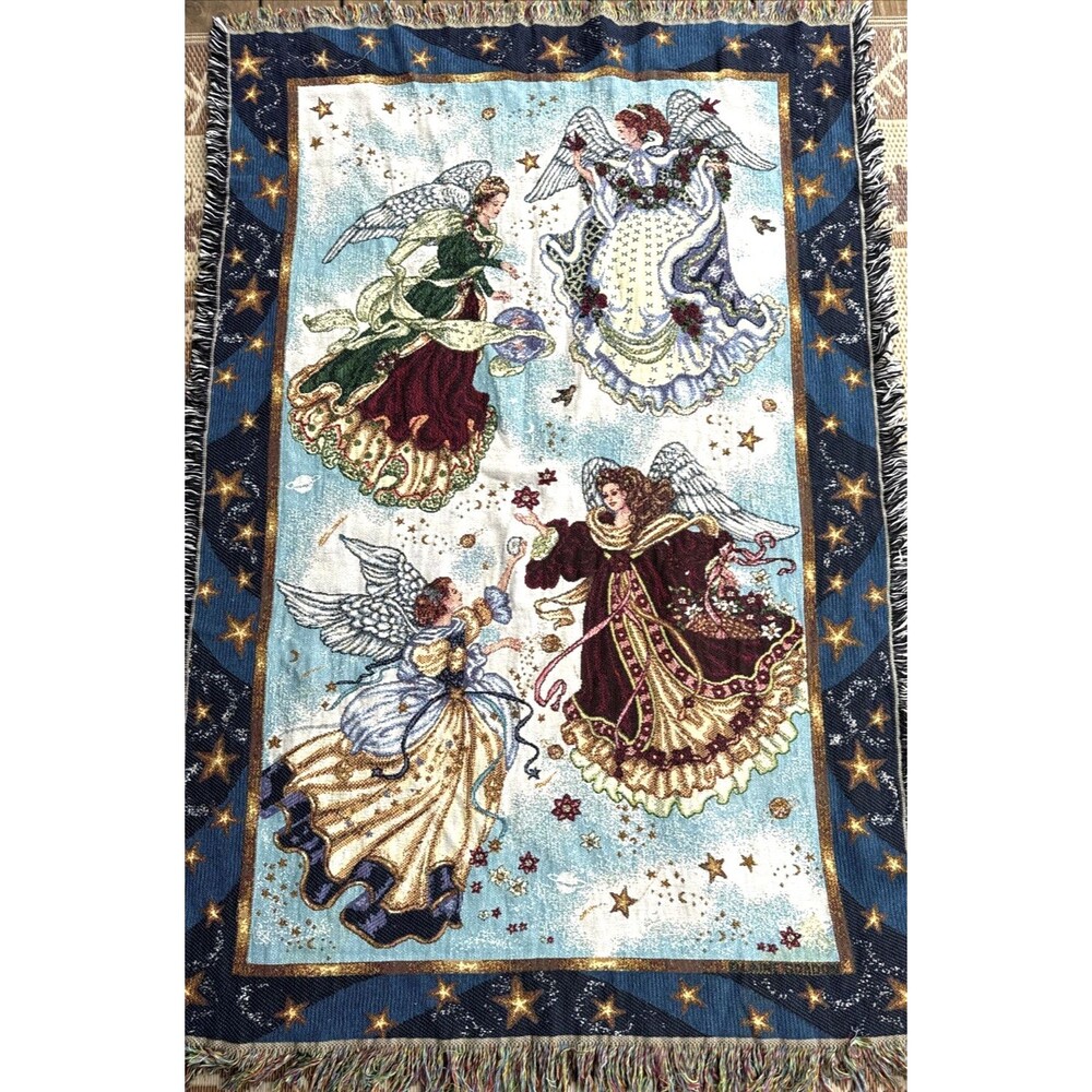 Vintage 4 Angel Throw Fringe Blanket Cotton Tapestry Stars 67x44 With Fringe